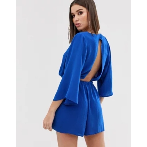 NWT ASOS Plunge Neck Wrap Romper with Blouson Sleeves - Picture 2 of 8